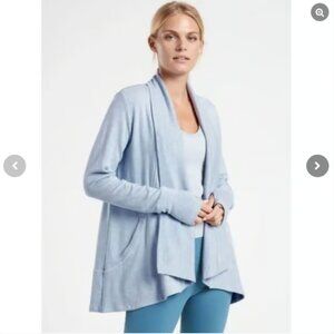 Athleta Pranayama Wrap Cardigan Muted Blue Pockets Soft Yoga Athleisure Open M